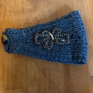Gray-Blue Knit Headband with Beaded Bow